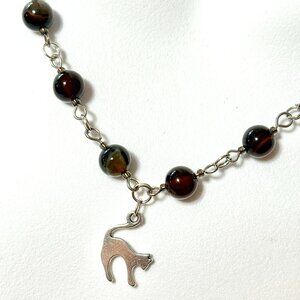 Genuine Dark Brown Agate Necklace, Natural Gemstone & Cute Slim Cat Pendant